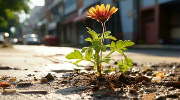 a flower growing out of the ground in the middle of a street generative ai photo