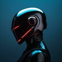 un futurista mujer vistiendo un casco con brillante rojo luces generativo ai foto