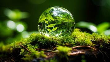 un vaso pelota con verde hojas en parte superior de un musgo cubierto árbol generativo ai foto
