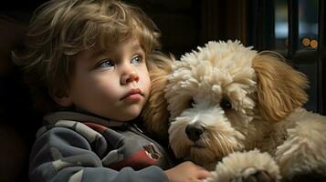 un pequeño chico con un perro generativo ai foto