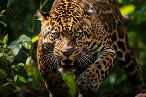 un jaguar es caminando mediante el selva generativo ai foto