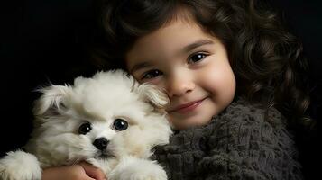 a little girl holding a white dog generative ai photo