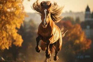 un caballo es corriendo en el suelo en el otoño generativo ai foto