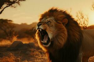 a lion roaring in the wild at sunset generative ai photo