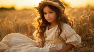 a little girl in a white dress sitting in a wheat field generative ai photo