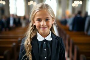 a little girl in a black suit and tie standing in a church generative ai photo