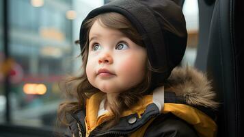 un pequeño niña en un invierno Saco mirando fuera el ventana generativo ai foto