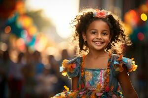 un pequeño niña en un vistoso vestir sonrisas para el cámara generativo ai foto