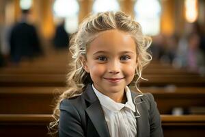 un pequeño niña en un traje y Corbata sentado en un Iglesia banco de iglesia generativo ai foto