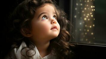 a little girl looking out the window at the stars generative ai photo