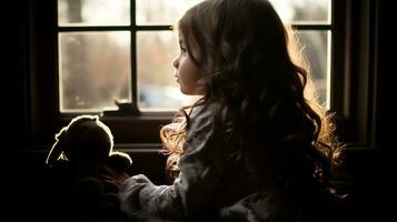 a little girl sitting in front of a window with a teddy bear generative ai photo