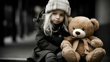 a little girl sitting on a bench with a teddy bear generative ai photo