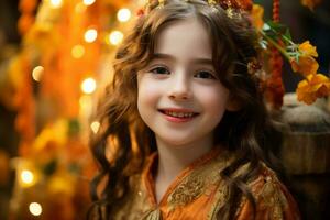 un pequeño niña en un naranja vestir es sonriente para el cámara generativo ai foto