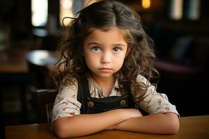 a little girl sitting at a table with her arms crossed generative ai photo