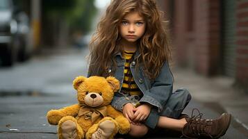 un pequeño niña sentado en el suelo con un osito de peluche oso generativo ai foto