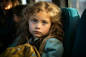 a little girl sitting on a bus with a backpack generative ai photo