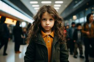 a little girl standing in an airport generative ai photo