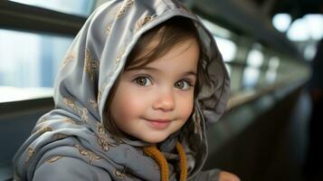 a little girl wearing a gray hoodie and looking at the camera generative ai photo