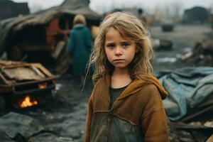 a little girl standing in front of a pile of garbage generative ai photo