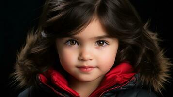 un pequeño niña vistiendo un rojo chaqueta y un negro capucha generativo ai foto