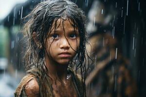 un pequeño niña en pie en el lluvia con mojado pelo generativo ai foto