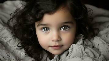 a little girl with big eyes laying on a blanket generative ai photo