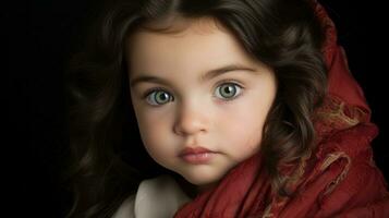 a little girl with big green eyes is wearing a red shawl generative ai photo