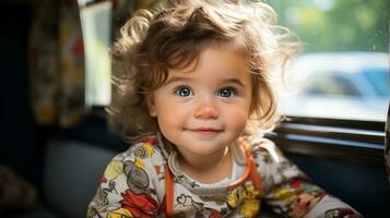 un pequeño niña con Rizado pelo mirando fuera el ventana generativo ai foto