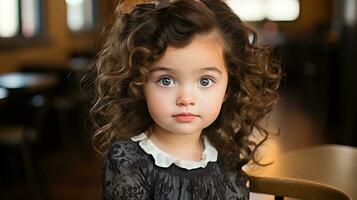 a little girl with curly hair sitting at a table generative ai photo