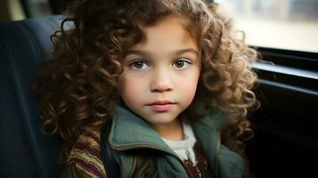 a little girl with curly hair sitting in the back seat of a car generative ai photo