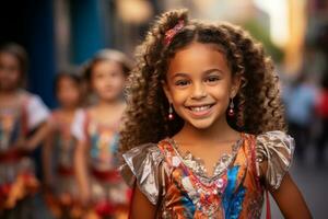a little girl with curly hair is smiling in front of a group of dancers generative ai photo