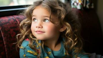 un pequeño niña con Rizado pelo sentado en un tren generativo ai foto