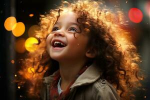 un pequeño niña con Rizado pelo es sonriente generativo ai foto