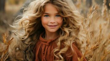 a little girl with long curly hair in a field generative ai photo