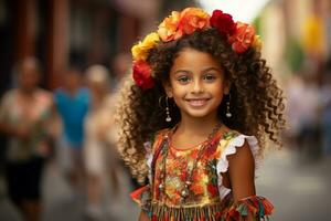 a little girl with curly hair wearing a colorful dress and flower wreath generative ai photo