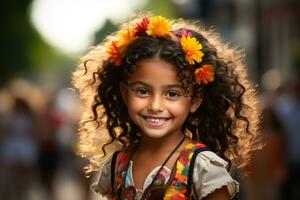 un pequeño niña con Rizado pelo vistiendo un flor corona generativo ai foto