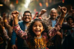 a little girl with her hands up in the air in front of a crowd generative ai photo