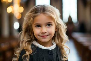 un pequeño niña con largo rubia pelo en pie en un Iglesia generativo ai foto