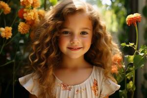 un pequeño niña con largo Rizado pelo en pie en frente de naranja flores generativo ai foto