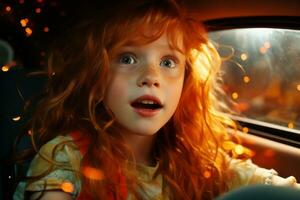 a little girl with red hair in a car generative ai photo