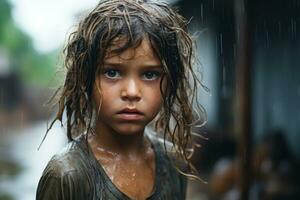 a little girl with wet hair standing in the rain generative ai photo