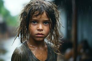 un pequeño niña con mojado pelo en pie en el lluvia generativo ai foto