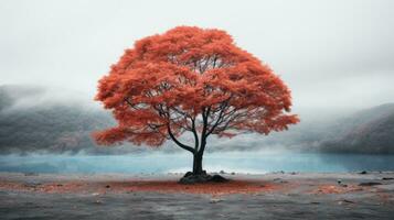 a lone tree in front of a lake with fog in the background generative ai photo