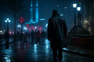 a man in a black coat is walking down the street at night generative ai photo