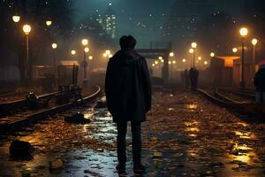 a man in a black coat stands on a train track at night generative ai photo