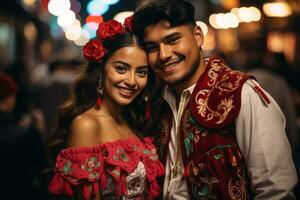 un hombre y mujer vestido en tradicional mexicano ropa son posando para un foto generativo ai