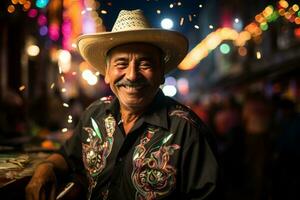 un hombre en un vaquero sombrero sonrisas para el cámara generativo ai foto