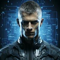 a man in a futuristic suit standing in front of a computer screen generative ai photo