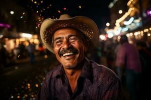 un hombre en un vaquero sombrero sonrisas para el cámara generativo ai foto