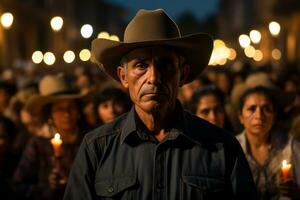 a man in a cowboy hat stands in front of a crowd of people generative ai photo